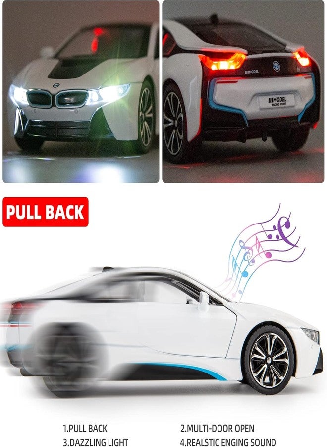 PEZYOX Scale Exclusive Alloy Metal Pull Back Die-cast Car Model with Sound Light Mini Auto Toy for Kids Metal Model Toy Car with Sound and Light (1.32 Scale B-M-W I8-White) - Image 4